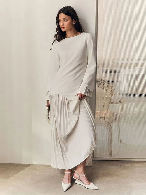 2025 Women Fashion O-neck Patchwork Long Dress Elegant Solid Flare sleeve Pleated High Waist Slim Dresses Lady Summer Chic Robes