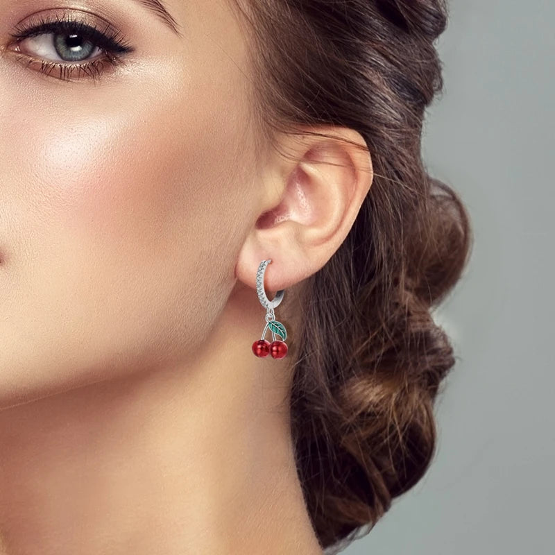 925 Sterling Silver Sweet Cherry Hoop Earrings Sparkling CZ Zircon Earrings For Women Fine Birthday Anniversary Jewelry Gifts