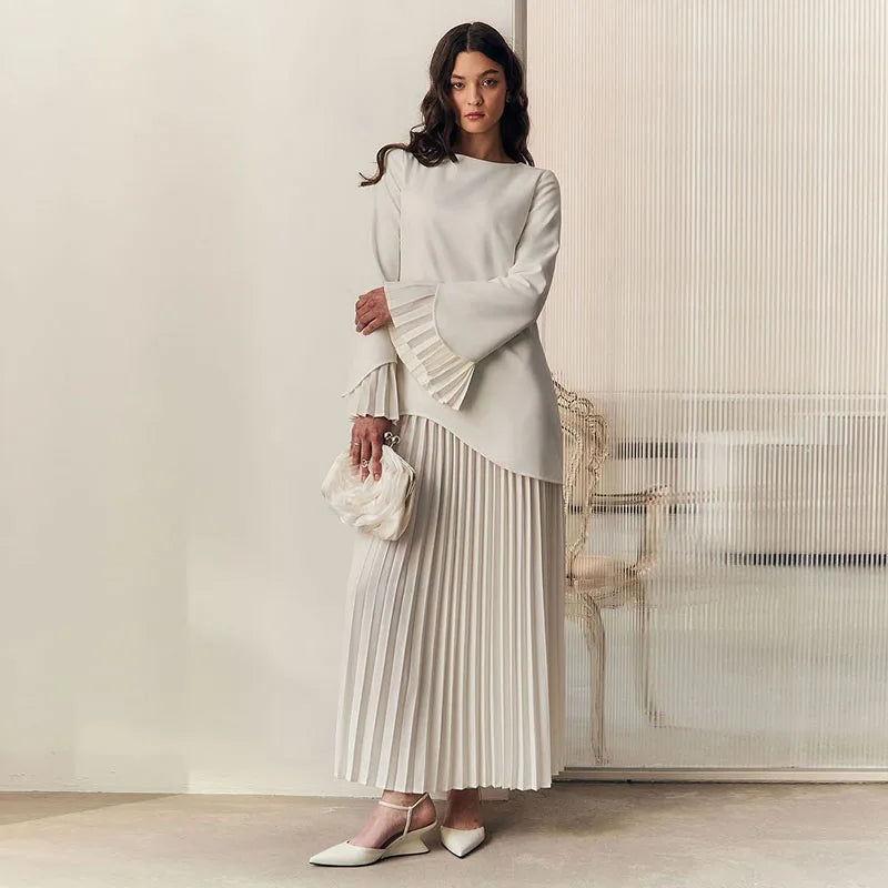 2025 Women Fashion O-neck Patchwork Long Dress Elegant Solid Flare sleeve Pleated High Waist Slim Dresses Lady Summer Chic Robes