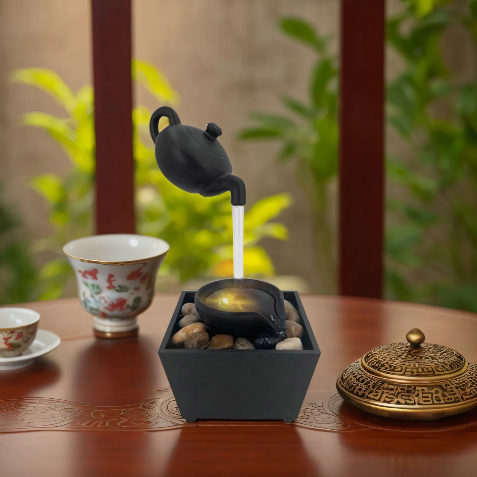 Floating Teapot Water Fountain Ornament Indoor Tabletop Waterfall Decoration with LED Light Stones Home Office Table Decor