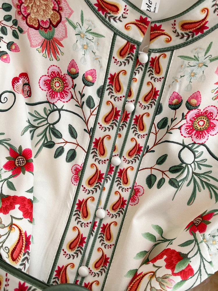 2026 Runway Luxury Designer Dresses Women Stand Neck Long Sleeve Floral Print With Belt Boho Holiday Dress Flower Long Robes