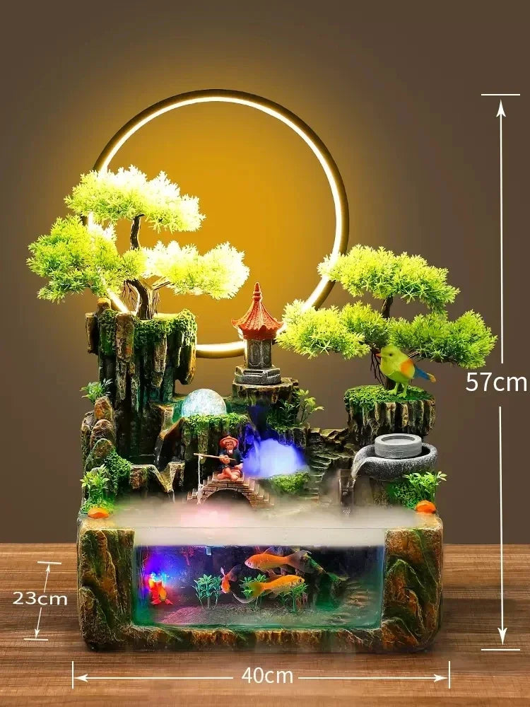 Indoor Fountain with Fish Tank Feng Shui Resin Waterwheel Relaxing Fog Water Feature for Home & Office Décor Water Feature