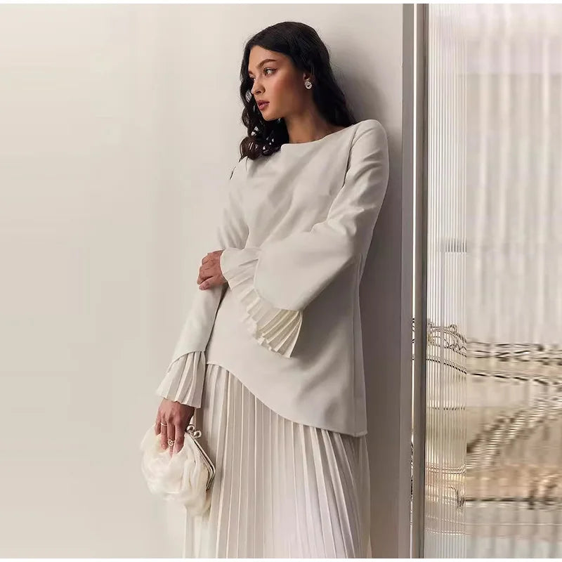 2025 Women Fashion O-neck Patchwork Long Dress Elegant Solid Flare sleeve Pleated High Waist Slim Dresses Lady Summer Chic Robes