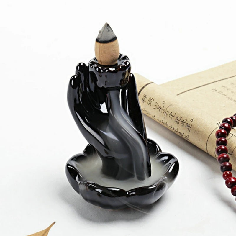 Ceramic Waterfall Backflow Incense Burner, Lotus Buddha Hand Design, Misty Smoke Effect for Zen Meditation, Home Good Luck Decor