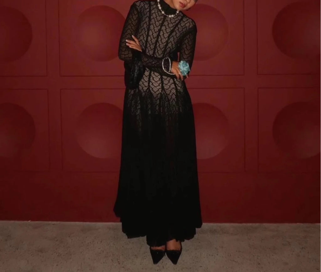 TWOTWINSTYLE Solid Slimming Spliced Ruffles Dresses for Women Round Neck Long Sleeves Patchwork Hollow Out Dress Female Clothing
