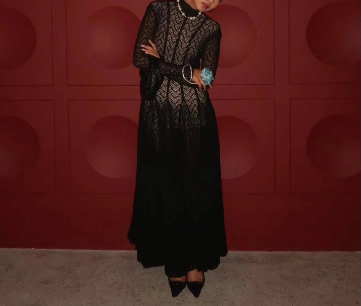 TWOTWINSTYLE Solid Slimming Spliced Ruffles Dresses for Women Round Neck Long Sleeves Patchwork Hollow Out Dress Female Clothing