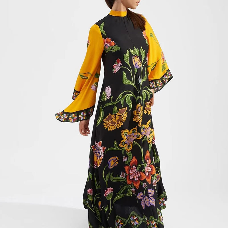 Elegant Long Sleeve Loose Party Dresses Spring Vintage Pattern Printed Robe Dress Women's Stand Neck High Waist Bohemian Dress