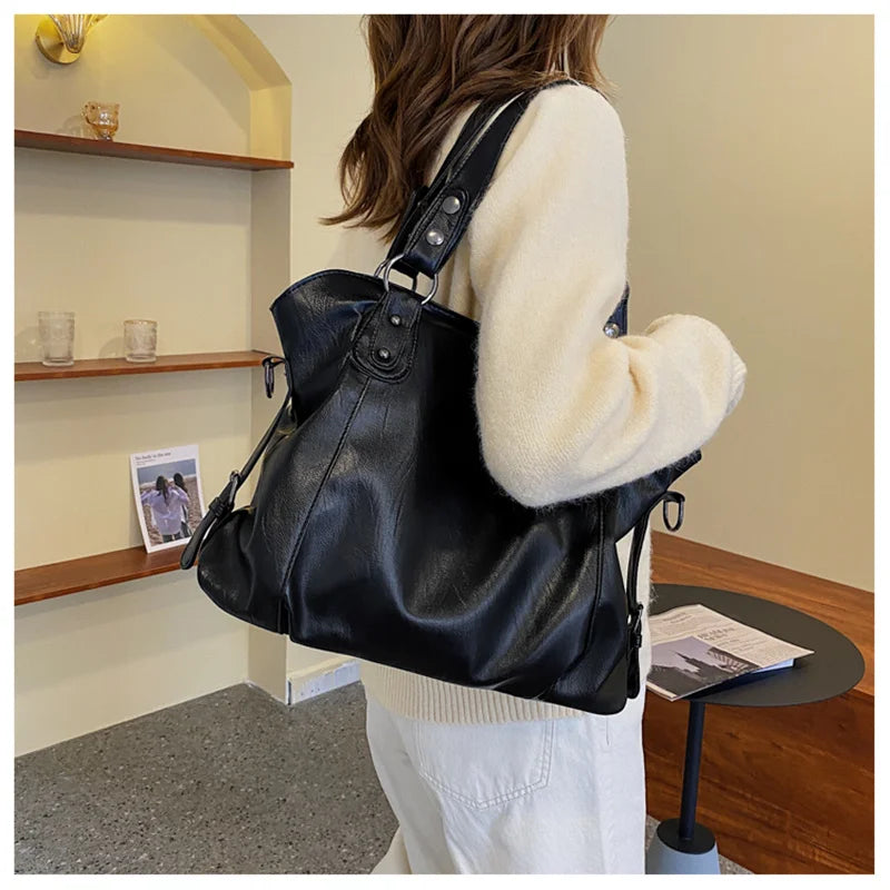 Big Black Shoulder Bags for Women Large Hobo Shopper Bag Solid Color Quality Soft Leather Crossbody Handbag Lady Travel Tote Bag