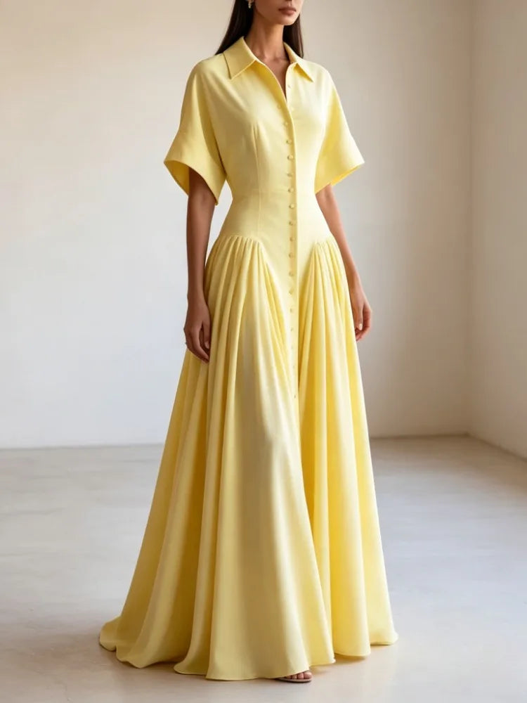 Modigirl Woman Summer Elegant Midi Dresses 2025 High Waist Lapel Neck Short Sleeves Buttoned Flowy A Line Shirt Dress for Women