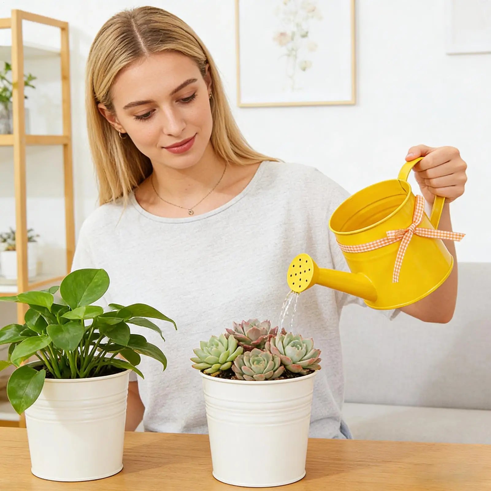 Indoor Watering Can 1L Metal Pot with Sprinkler Head and Gingham Ribbon Modern Plant Watering Cans for Home Office Balcony