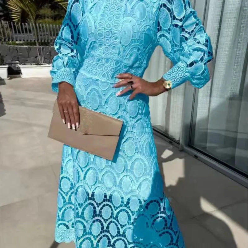 Lace Puff Sleeve Long Dress Women 2025 Spring Elegant New Fashionable Stand Collar High Waist Slim Dresses