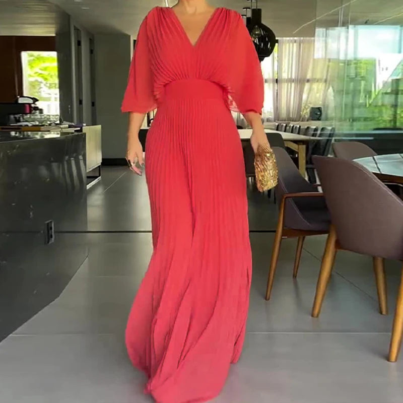 Elegant V-neck Waist Evening Dress Women Casual 3/4 Sleeve Solid Pleated Maxi Dress Spring Autumn Fashion Pullover Party Dresses