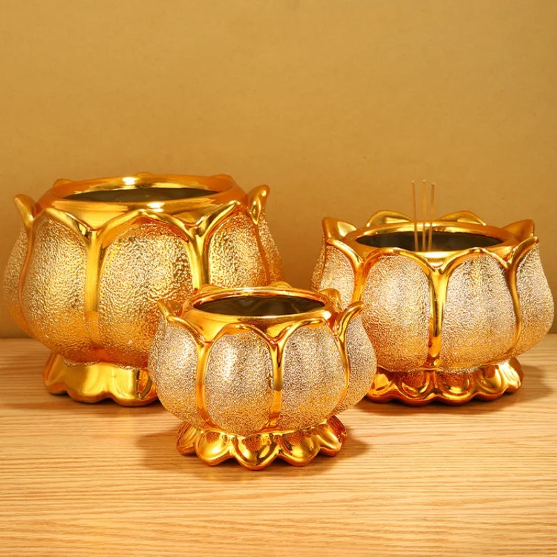 Buddhism Incense Burner Golden Ceramic Incense Sticks Holder Religious Items Lotus Decoration 4" 5" 6" 7" 8"