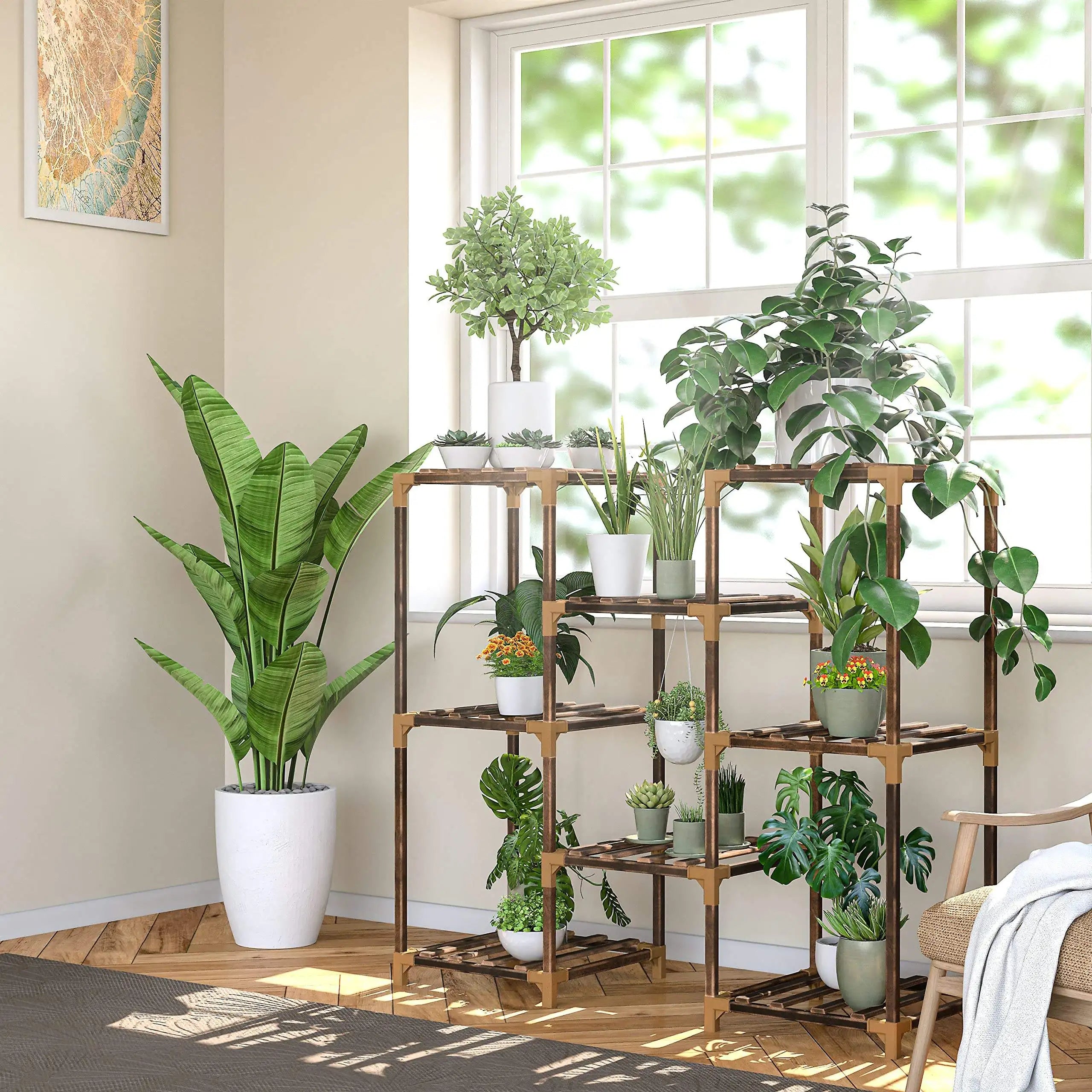 Indoor-outdoor wooden multi-tier plant stand, suitable for placement in living rooms, courtyards, and balconies.