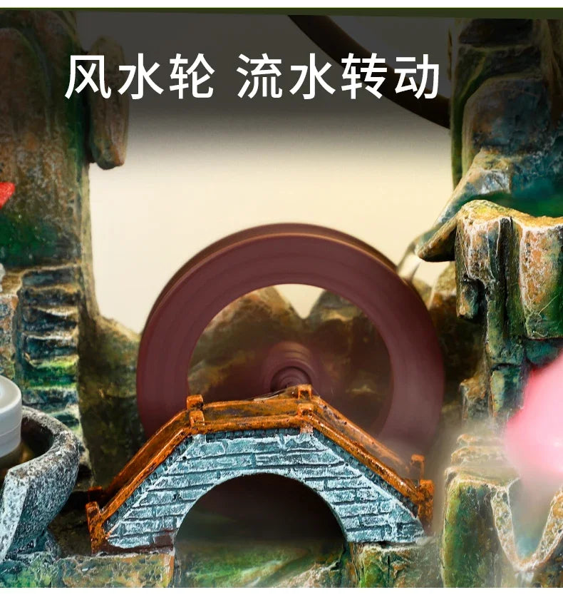 Indoor Fountain with Fish Tank Feng Shui Resin Waterwheel Relaxing Fog Water Feature for Home & Office Décor Water Feature