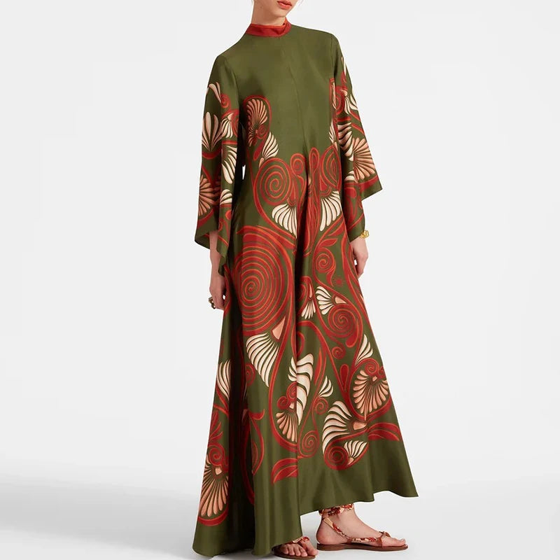 Elegant Long Sleeve Loose Party Dresses Spring Vintage Pattern Printed Robe Dress Women's Stand Neck High Waist Bohemian Dress