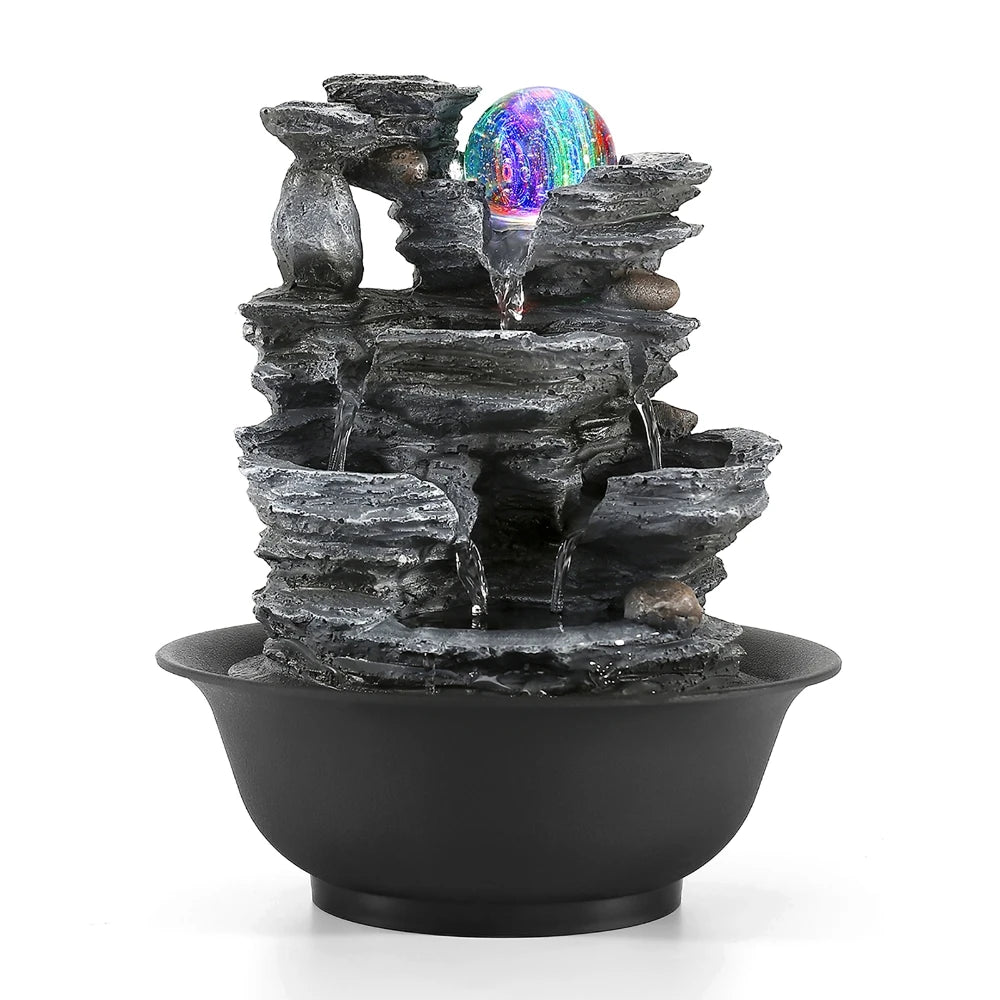 Indoor Tabletop Decorative Feng Shui Waterfall Fountain with Colored LED Light Mini Waterfalls Landscape Home Ornament Gift