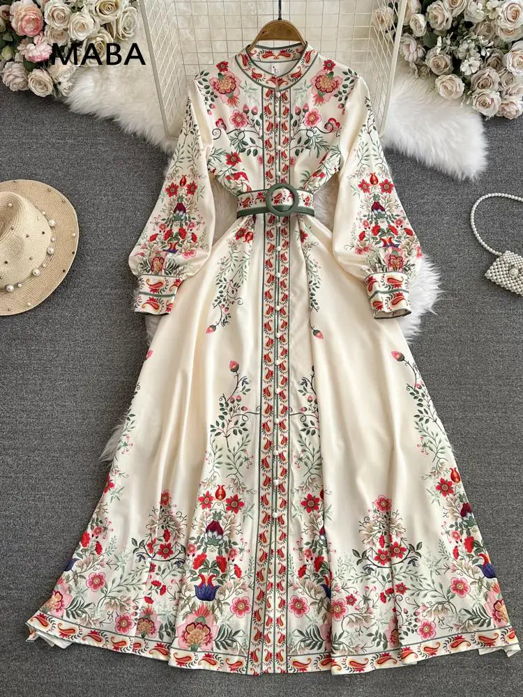 2026 Runway Luxury Designer Dresses Women Stand Neck Long Sleeve Floral Print With Belt Boho Holiday Dress Flower Long Robes