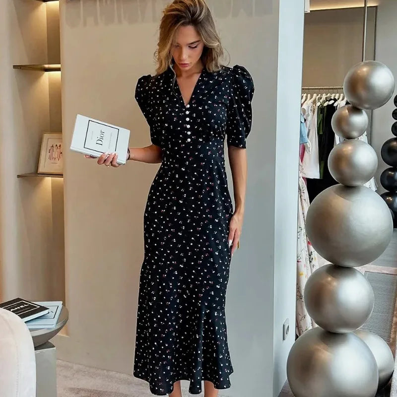 Tuularose Elegant Printed Long Dress Black V Neck Bubble Sleeve Summer Party Dresses Luxury Contrast Vintage Women Evening Dress