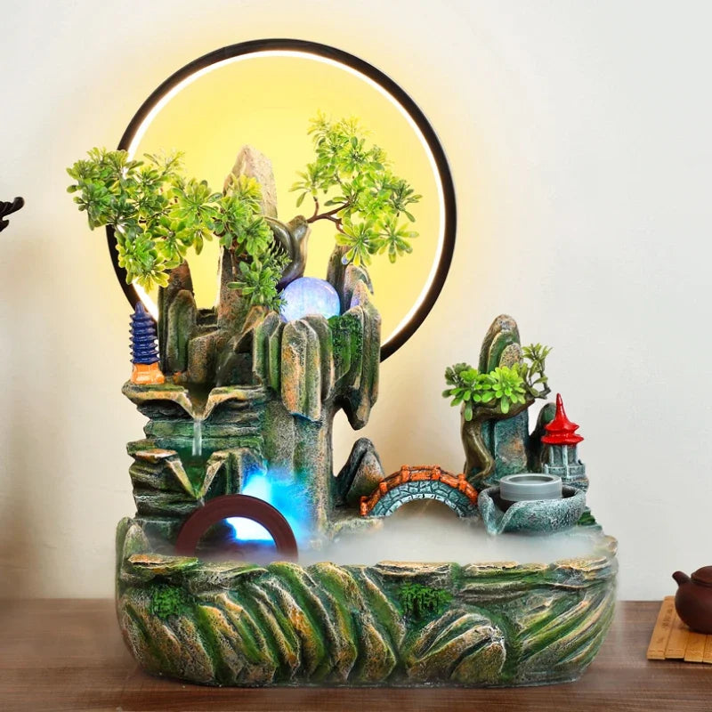 Indoor Fountain with Fish Tank Feng Shui Resin Waterwheel Relaxing Fog Water Feature for Home & Office Décor Water Feature