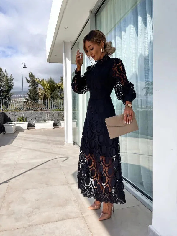 Lace Puff Sleeve Long Dress Women 2025 Spring Elegant New Fashionable Stand Collar High Waist Slim Dresses