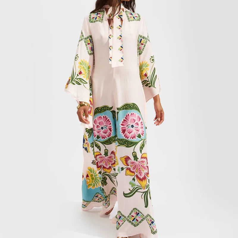 Elegant Long Sleeve Loose Party Dresses Spring Vintage Pattern Printed Robe Dress Women's Stand Neck High Waist Bohemian Dress