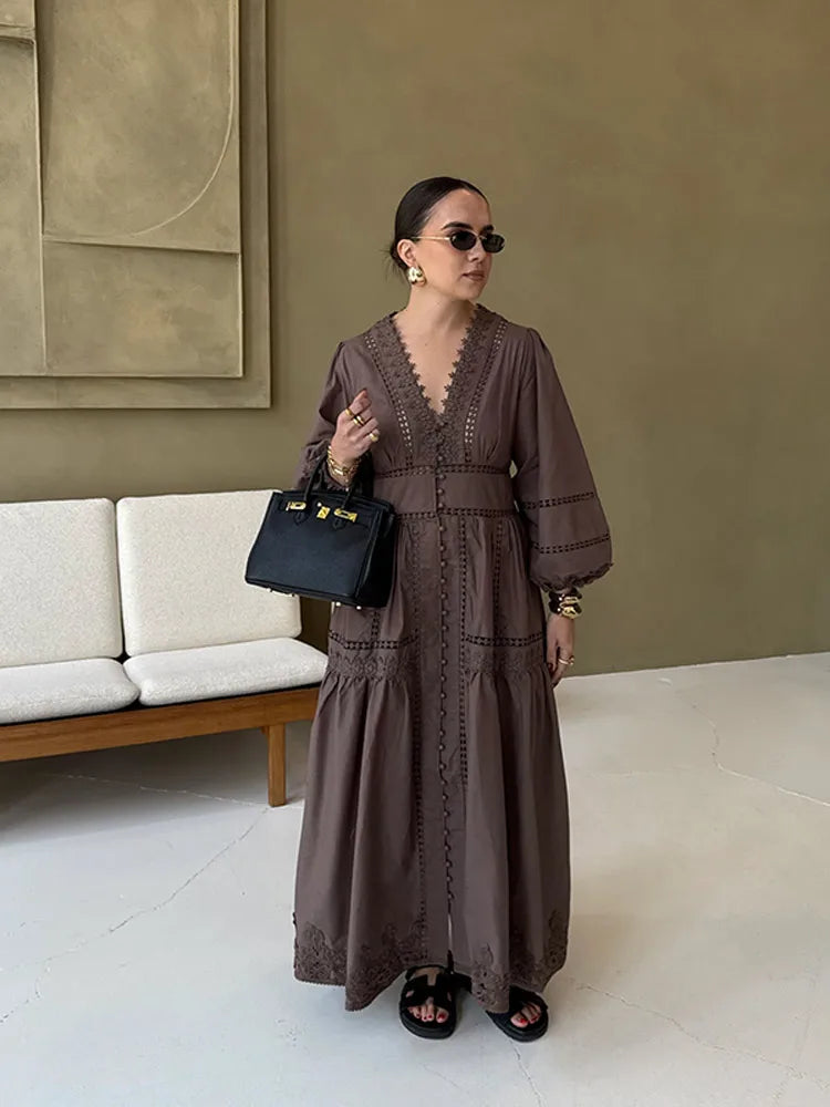 Elegant V Neck Long Puff Sleeve Embroidery Female Dress Chic Hollow Out A line Madi Dresses for Women Fashion Spring Lady Robes