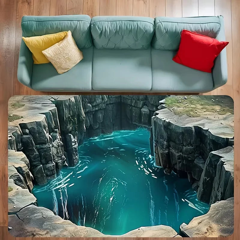 2D Waterfall Landscape Area Rug Realistic Forest Creek Nature Scenery Floor Mat Soft Non-Slip Home Decor Carpet for Living Room