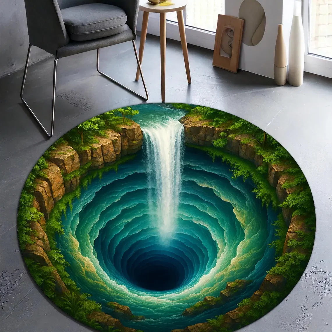 3D Waterfall Illusion Round Rug, Optical Depth Cave Carpet, Nature Inspired Floor Decor for Living Room, Bedroom, Meditation MaT