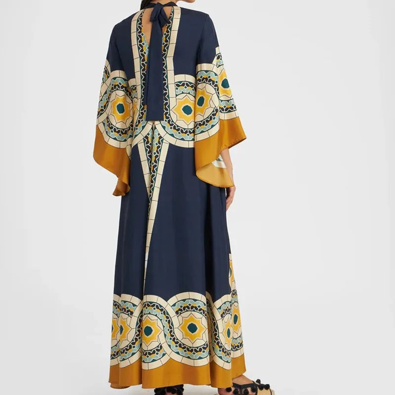 Elegant Long Sleeve Loose Party Dresses Spring Vintage Pattern Printed Robe Dress Women's Stand Neck High Waist Bohemian Dress