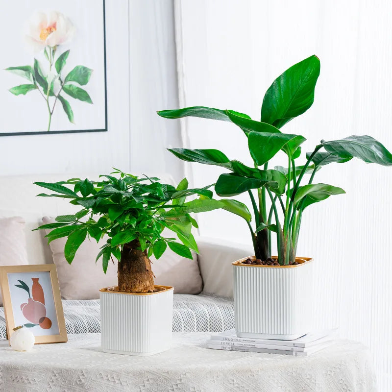 Self-Watering Flower Pot for Lazy People Nordic Style Vertical Striped Square Thickened Plastic Resin Indoor Balcony Green Plant