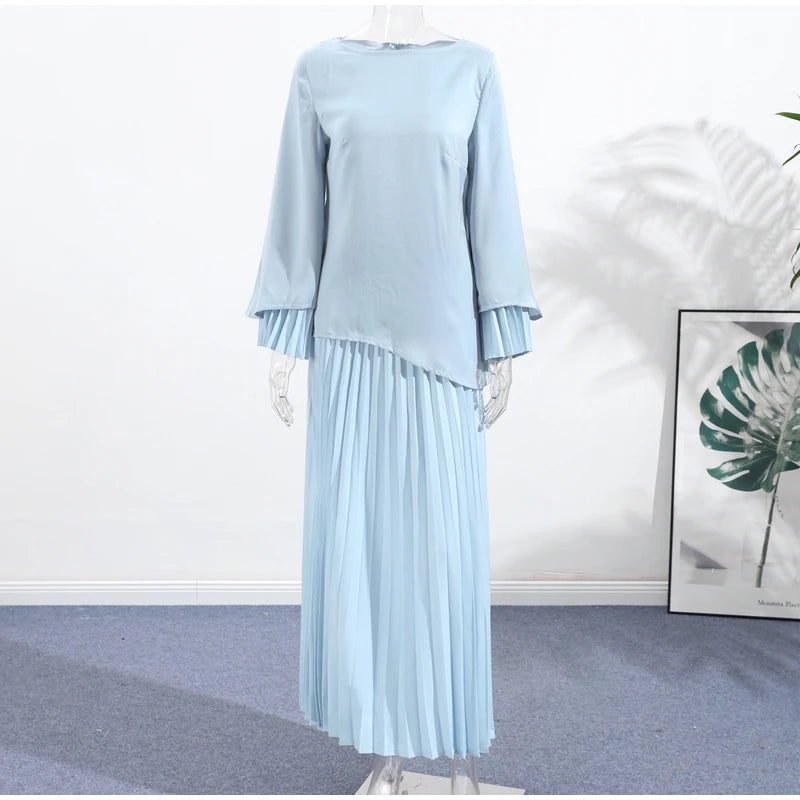 2025 Women Fashion O-neck Patchwork Long Dress Elegant Solid Flare sleeve Pleated High Waist Slim Dresses Lady Summer Chic Robes