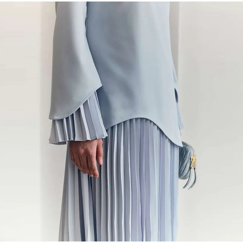 2025 Women Fashion O-neck Patchwork Long Dress Elegant Solid Flare sleeve Pleated High Waist Slim Dresses Lady Summer Chic Robes