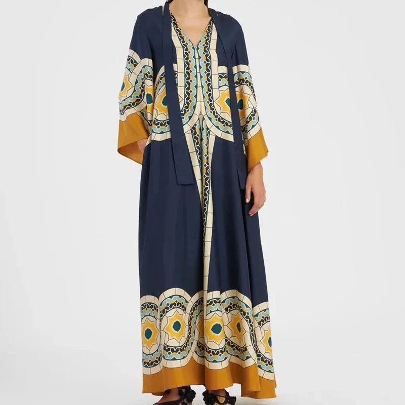 Elegant Long Sleeve Loose Party Dresses Spring Vintage Pattern Printed Robe Dress Women's Stand Neck High Waist Bohemian Dress