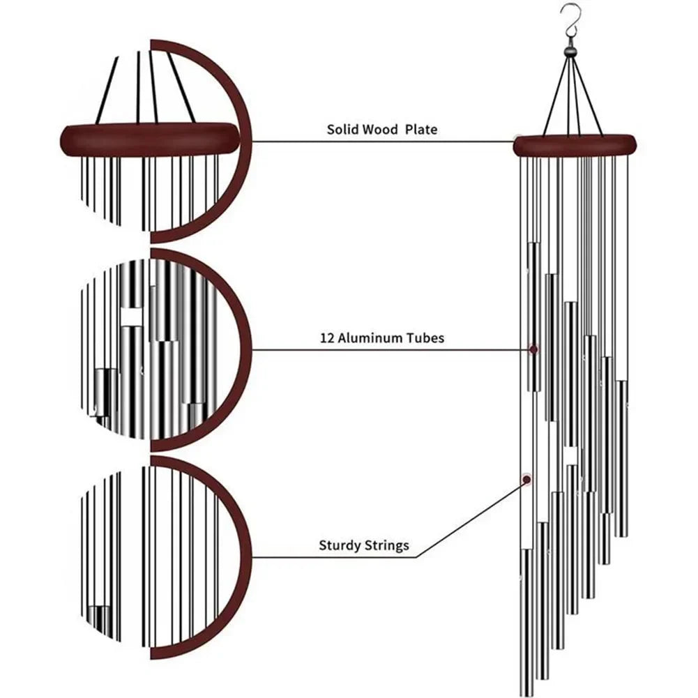 Musical Wind Chime Pipes 12Tubes Wind Chimes Gold/silver Bells Decora For Garden Living Bedroom Coffee Shop Wind Chimes Tubes US