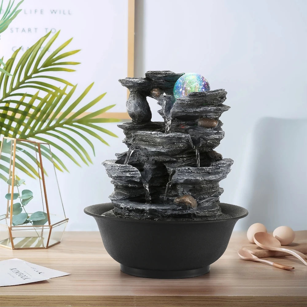 Indoor Tabletop Decorative Feng Shui Waterfall Fountain with Colored LED Light Mini Waterfalls Landscape Home Ornament Gift
