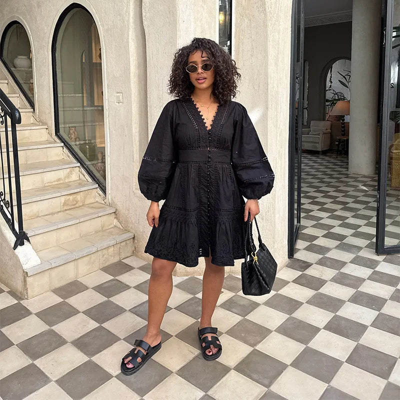 Elegant V Neck Long Puff Sleeve Embroidery Female Dress Chic Hollow Out A line Madi Dresses for Women Fashion Spring Lady Robes