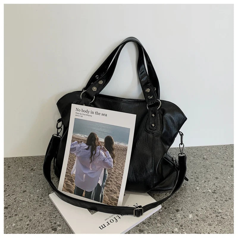 Big Black Shoulder Bags for Women Large Hobo Shopper Bag Solid Color Quality Soft Leather Crossbody Handbag Lady Travel Tote Bag