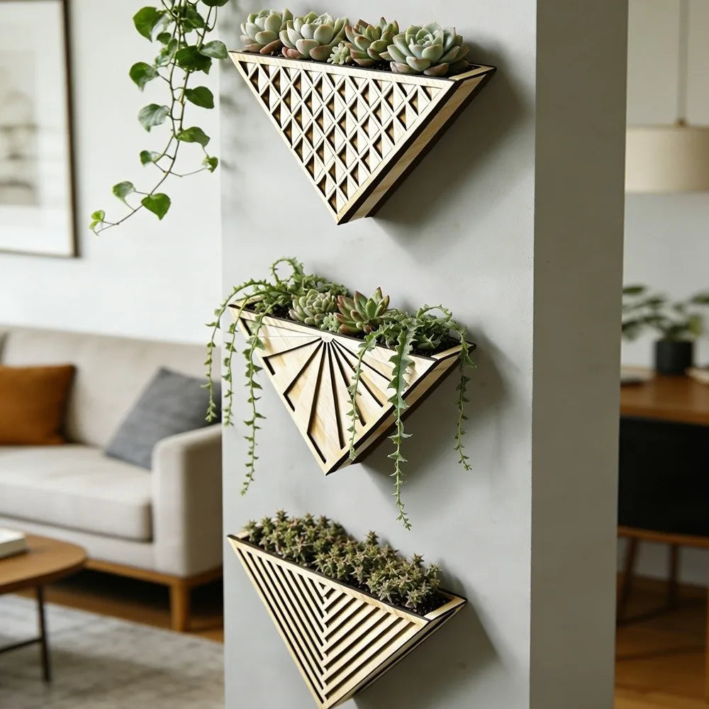 Plant Holder Modern Wooden Triangle Wall Planter Minimalist Decorative Geometric Flower Pot Handmade Succulent Pot Indoor