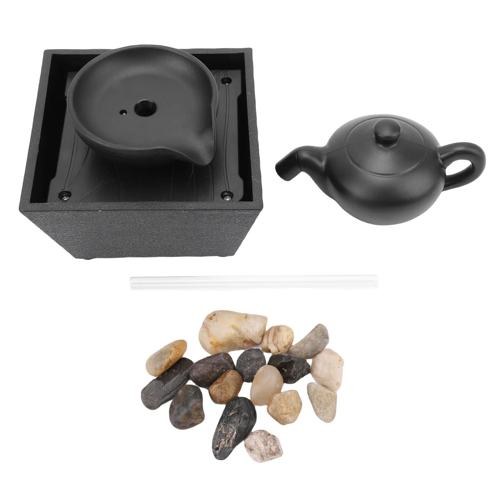 Floating Teapot Water Fountain Ornament Indoor Tabletop Waterfall Decoration with LED Light Stones Home Office Table Decor