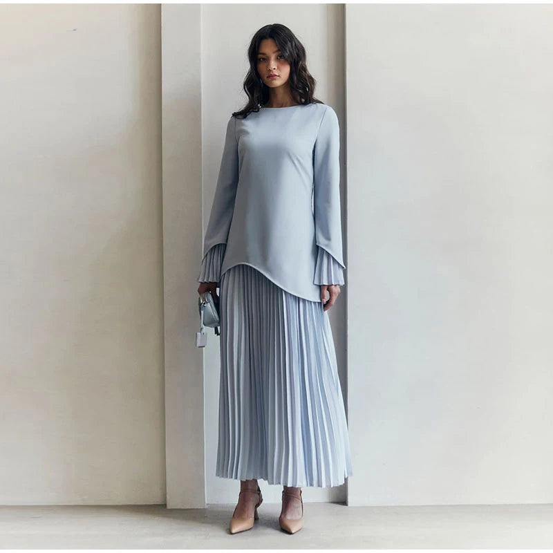 2025 Women Fashion O-neck Patchwork Long Dress Elegant Solid Flare sleeve Pleated High Waist Slim Dresses Lady Summer Chic Robes