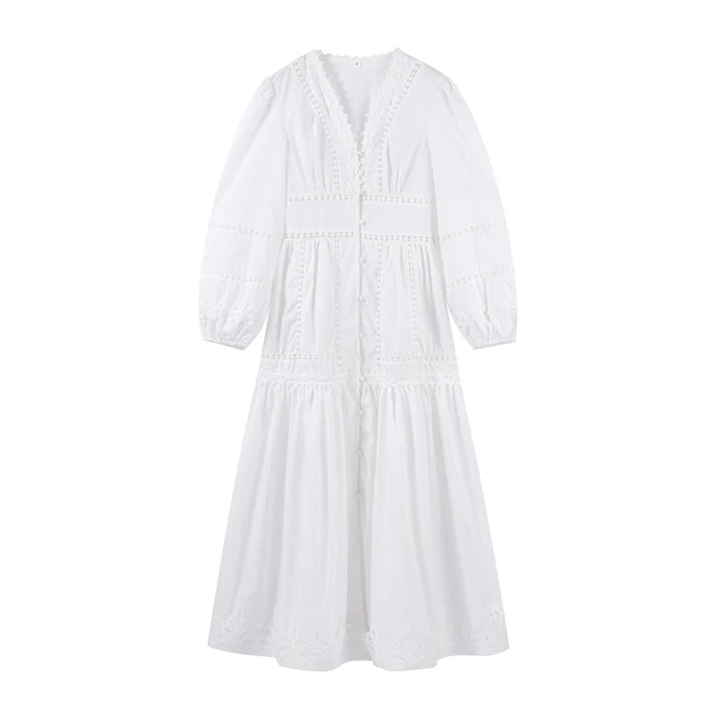 Elegant V Neck Long Puff Sleeve Embroidery Female Dress Chic Hollow Out A line Madi Dresses for Women Fashion Spring Lady Robes