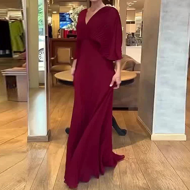 Elegant V-neck Waist Evening Dress Women Casual 3/4 Sleeve Solid Pleated Maxi Dress Spring Autumn Fashion Pullover Party Dresses