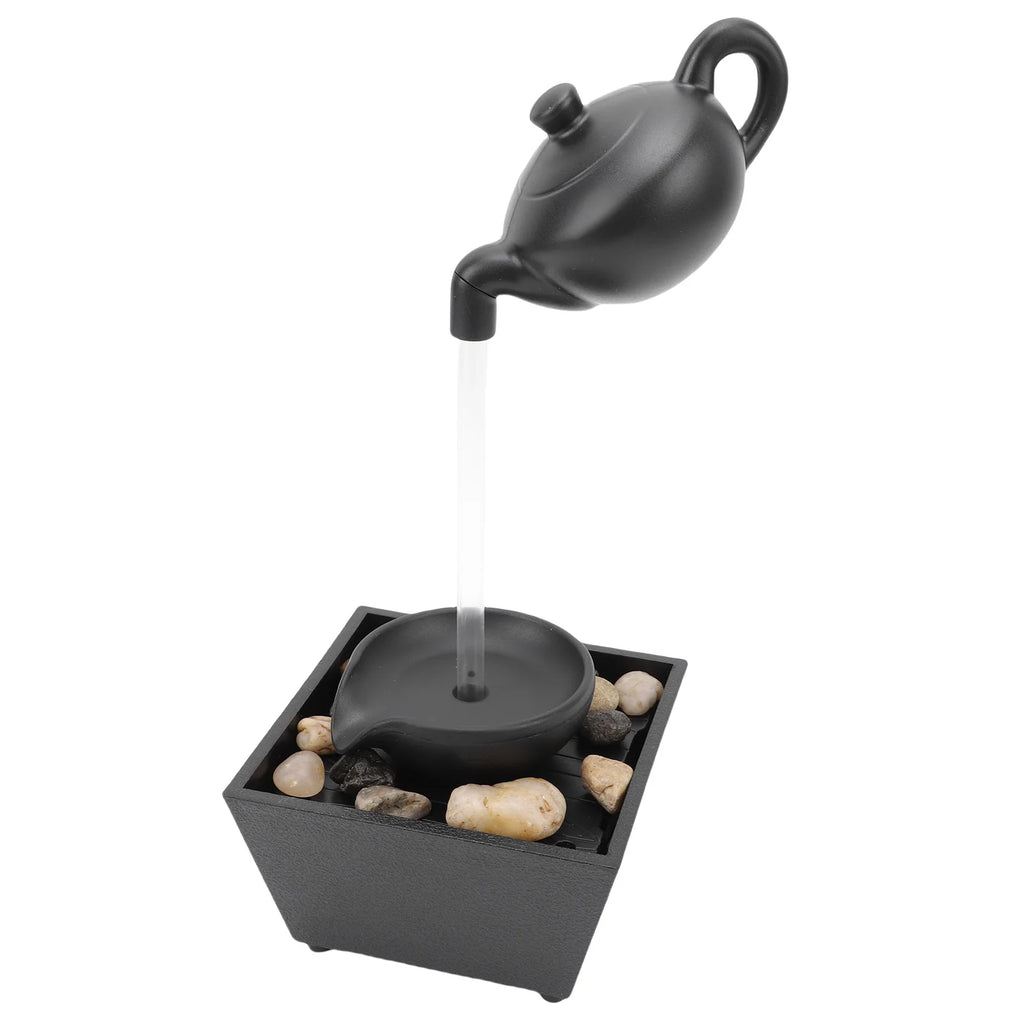 Floating Teapot Water Fountain Ornament Indoor Tabletop Waterfall Decoration with LED Light Stones Home Office Table Decor