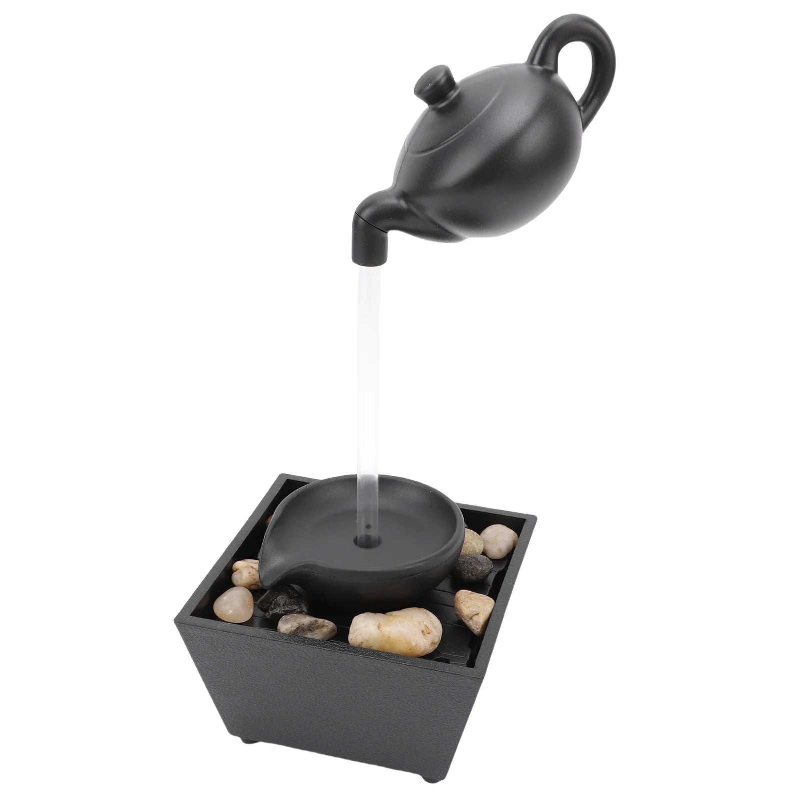 Floating Teapot Water Fountain Ornament Indoor Tabletop Waterfall Decoration with LED Light Stones Home Office Table Decor