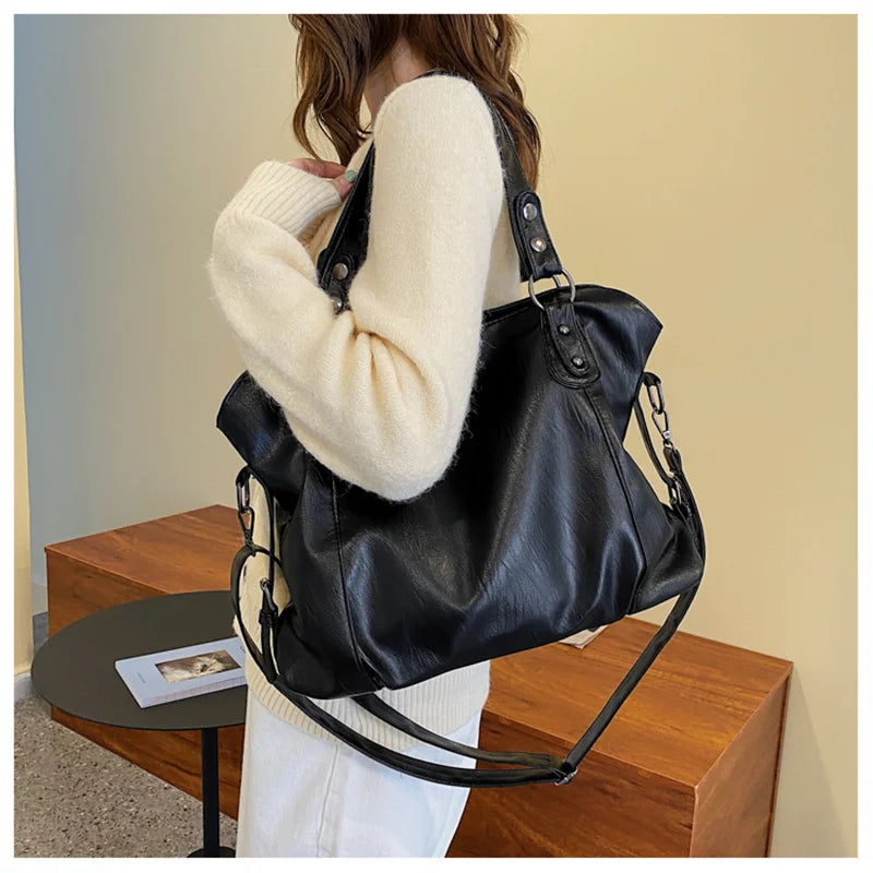 Big Black Shoulder Bags for Women Large Hobo Shopper Bag Solid Color Quality Soft Leather Crossbody Handbag Lady Travel Tote Bag