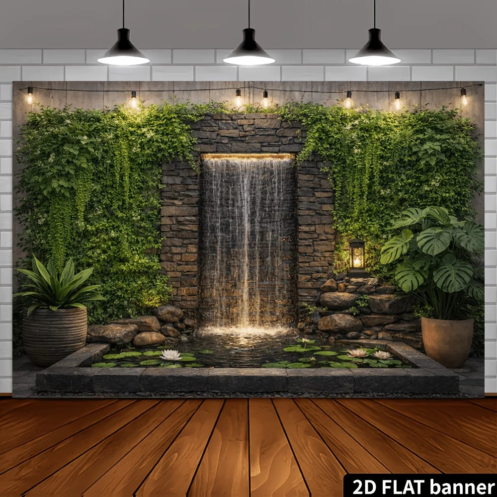 A natural-themed waterfall wall decorated with hanging plants and water lilies - suitable for families, weddings, and decoration