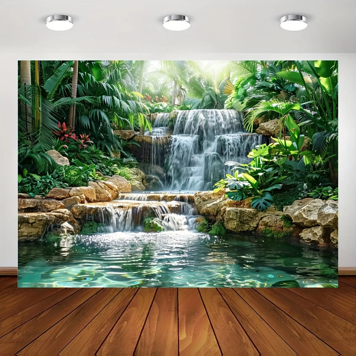 Waterfall Garden background Polyester banner, general purpose and trailing party wall decoration - forest and river scene