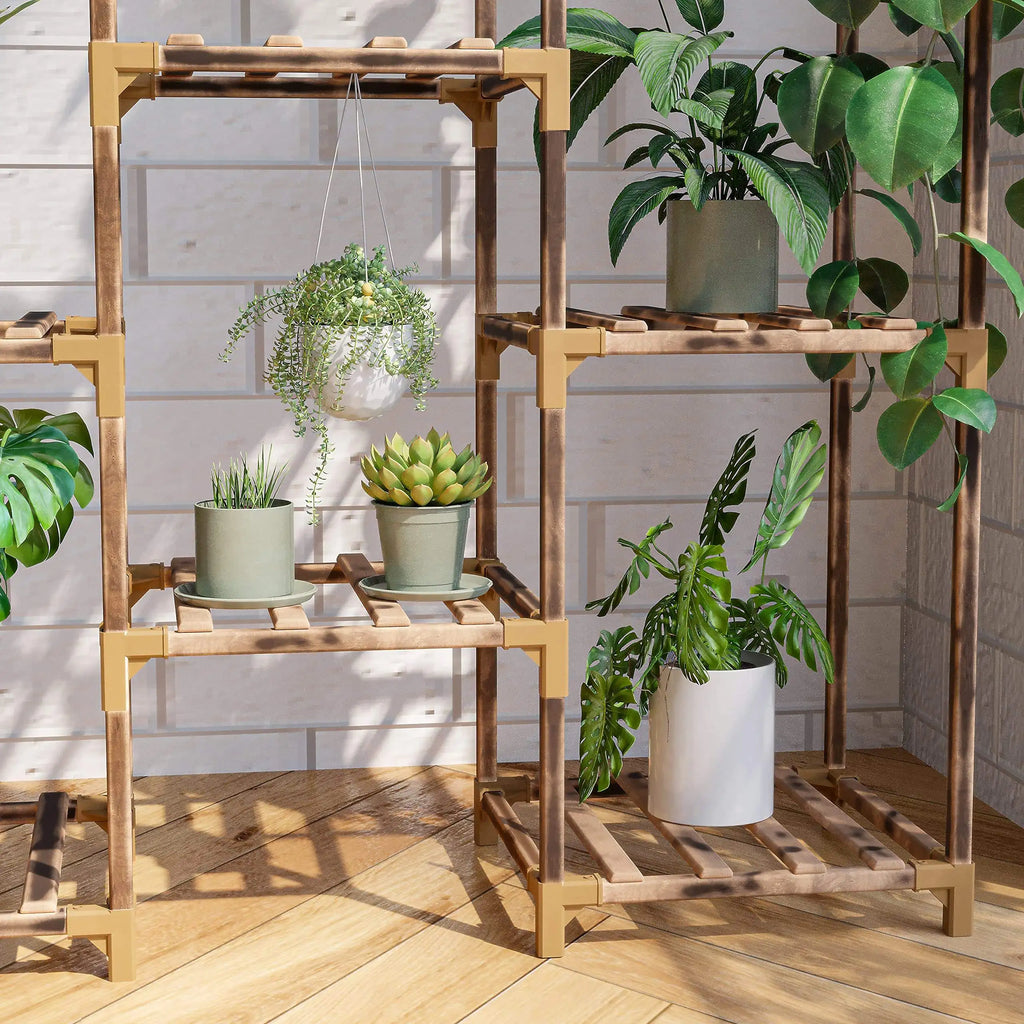Indoor-outdoor wooden multi-tier plant stand, suitable for placement in living rooms, courtyards, and balconies.