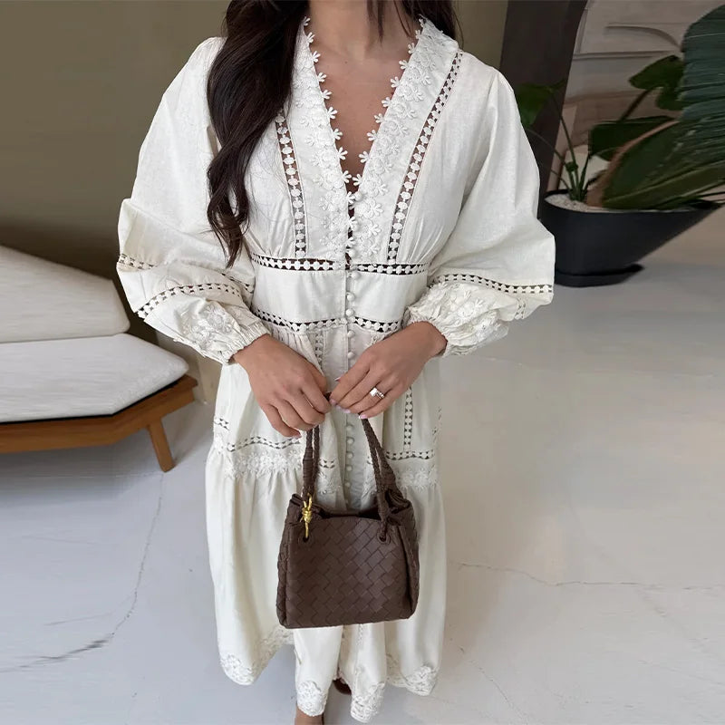 Elegant V Neck Long Puff Sleeve Embroidery Female Dress Chic Hollow Out A line Madi Dresses for Women Fashion Spring Lady Robes